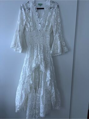 Antics Sartoria White Lace High-Low Maxi Dress with Smocked Waistband